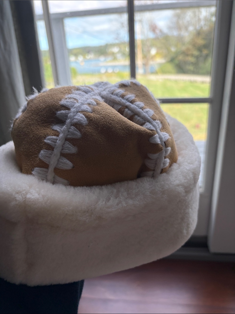 Plush Baseball Dog Toy in Tan and White